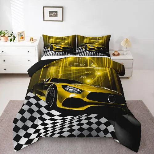 Miniatura 31 de Erosebridal Juego de edredón individual de motocicleta de carreras para niños, juego de ropa de cama de panal con luces de neón azules, motocross