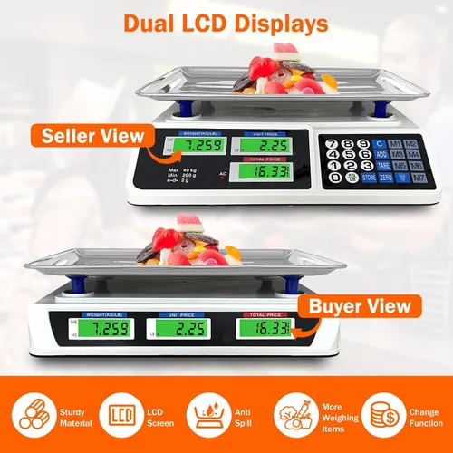 Miniatura 5 de Báscula de cálculo de precios de 88 lb/40 kg, báscula digital de cálculo de precios con plataforma grande de acero inoxidable, báscula de cocina