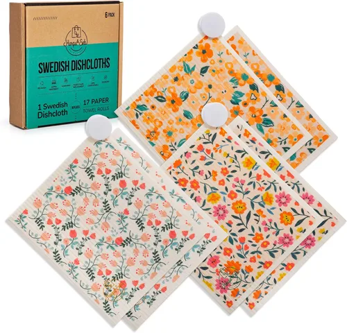 Miniatura 24 de Harps&Seb Paños de cocina suecos para cocina - Paquete de 6, toallas de papel reutilizables con clips, súper absorbentes, lavables, que no rayan