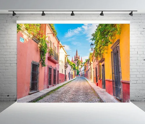 BELECO Telón de fondo de tela medieval de 5 x 3 pies, casas coloridas de San Miguel de Allende, fondo de pueblo mexicano para cumpleaños, boda,