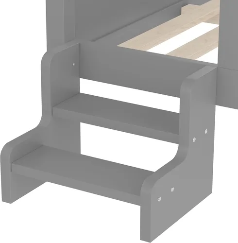 Miniatura 8 de Marco de cama de tamaño matrimonial para niños con escaleras, bonito techo y ventana en forma de estrella para niños y niñas, cama de plataforma