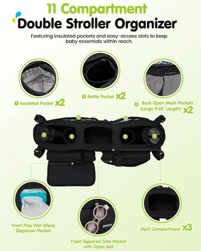 Miniatura 8 de Organizador de cochecito doble con 11 compartimentos para Bob Duallie, Baby Jogger City Mini GT2, organizador doble para cochecito, Jeep, accesorios