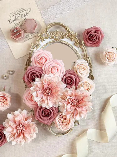 Miniatura 31 de FACINOC Ramos de Rosas Artificiales Naranjas, Juego de Caja de Flores Artificiales con Tallos para DIY, Bodas, Despedidas de Soltera, Decoraciones