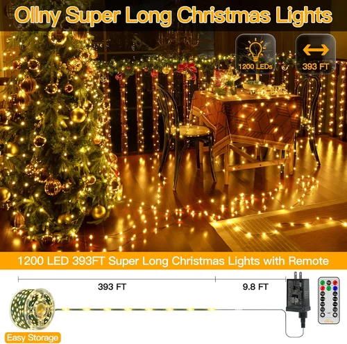 Miniatura 2 de Ollny Luces de Navidad, 198 pies, 600 LED para exteriores, impermeables, con enchufe, luces para árbol de Navidad con 8 modos, control remoto