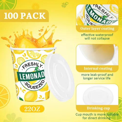 Miniatura 5 de Meanplan 300 piezas/100 juegos de vasos de limonada con tapas y pajitas, vasos desechables para fiestas, tazas de papel de limón, suministros