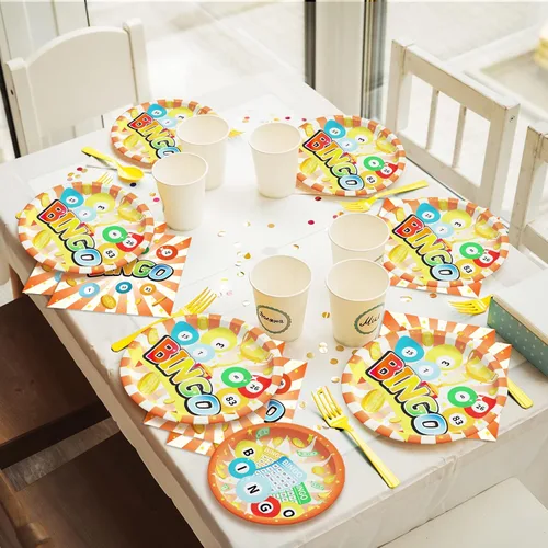 Miniatura 6 de Wiooffen 96 piezas de suministros para fiesta de bingo para 24 invitados, juego de vajilla para fiesta de bingo, decoración para fiesta, bingo