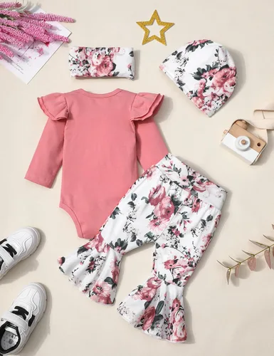 Miniatura 19 de Ropa de bebé niña, 4 piezas, trajes de niña recién nacida, con volantes, mameluco de campana para bebé, diadema, bandana, conjuntos de ropa, regalos