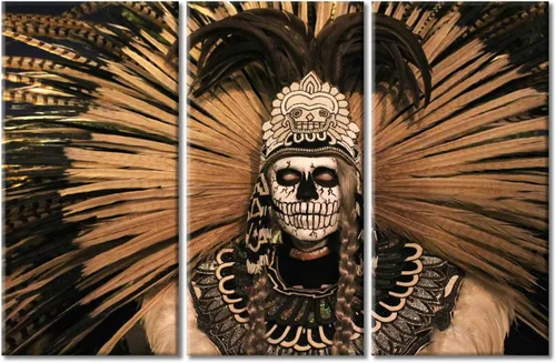 Miniatura 4 de Arte de pared de 3 piezas, pintura en lienzo del Día de los Muertos, Bailarín azteca, impresión sobre lienzo, festival mexicano, obra de arte