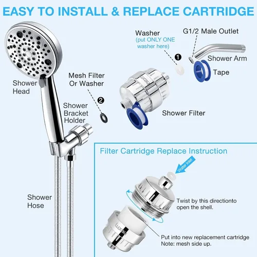 Miniatura 7 de Filtro de ducha de 20 etapas con 3 cartuchos, filtro para cabezal de ducha, reduce el cloro, metales pesados y la impureza del agua dura de pozo