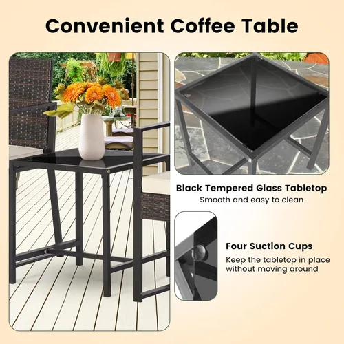 Miniatura 6 de Tangkula Juego de muebles de patio de 3 piezas, moderno y resistente para todo tipo de clima, sillas de mimbre y mesa auxiliar, adecuado para porche