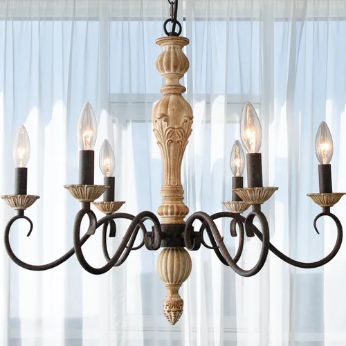 Miniatura 8 de Lámpara de araña de orbe de granja, 4 luces de bola de madera sintética para comedor, vestíbulo, isla de cocina (marco de metal de globo)