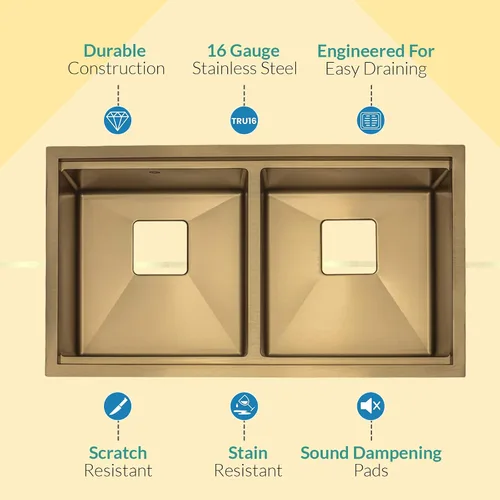 Miniatura 3 de Strictly Sinks - Fregadero de cocina dorado de 32 pulgadas, resistente a arañazos y manchas, rejilla inferior de doble tazón de calibre 16, tabla