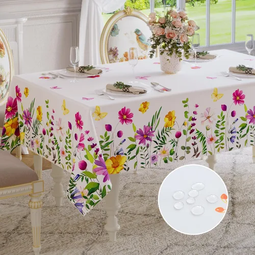 Miniatura 9 de Softalker Mantel rectangular de primavera – Mantel decorativo impermeable con patrón floral de Pascua, resistente a las manchas, sin arrugas