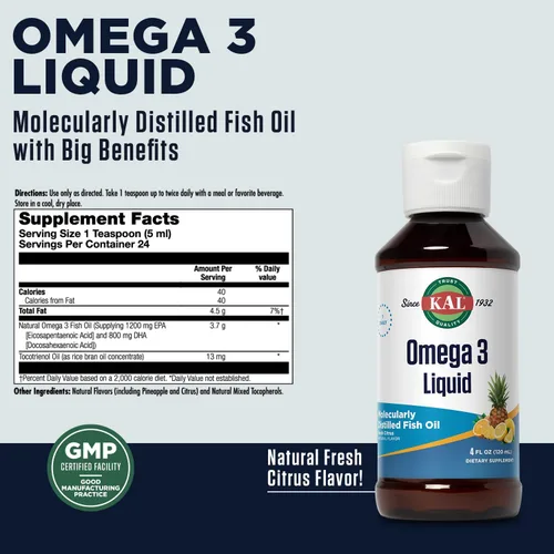 Miniatura 2 de Kal 3.9 G Omega 3 1200/800 Liquid Citrus, 4 onzas líquidas