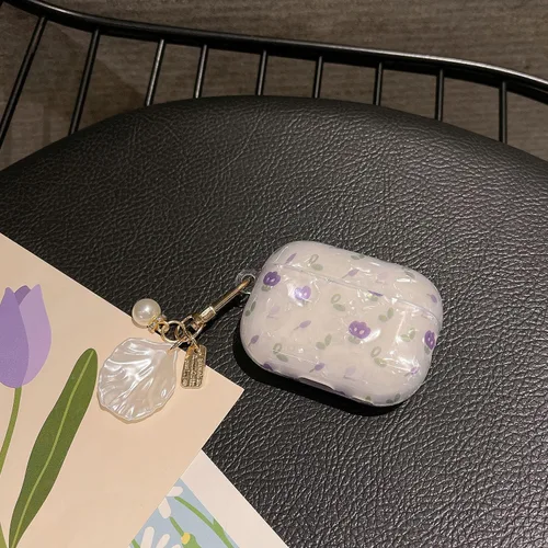Miniatura 5 de Linda funda Airpod Pro 2 con perla de concha y llavero floral de mármol, funda protectora dura de TPU para AirPods Pro de 2ª generación para mujeres