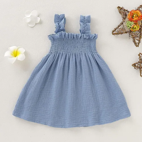 Miniatura 3 de Vestido de lino de algodón sólido sin mangas con tirantes de playa para niñas pequeñas (azul claro, 18-24 meses)
