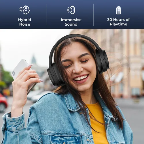 Miniatura 2 de MOVSSOU Auriculares híbridos con cancelación activa de ruido, auriculares Bluetooth inalámbricos sobre la oreja con micrófono, graves profundos