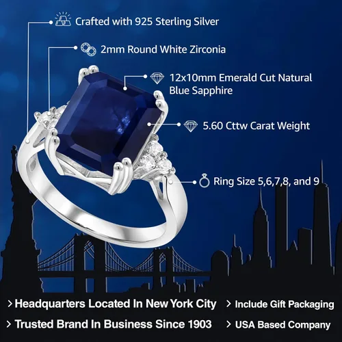 Miniatura 10 de Gem Stone King Anillo de compromiso con piedra natal de 5-10 quilates para mujer, plata de ley 925, corte esmeralda de 0.47 x 0.394 pulgadas, anillo