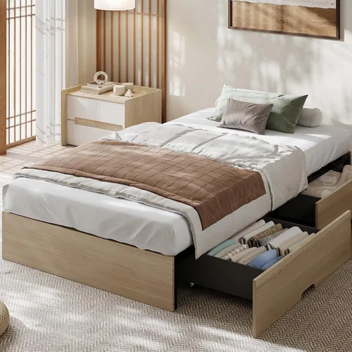 Miniatura 14 de Garvee Base de cama individual, plataforma de madera con diseño estriado, marco de cama de perfil bajo, base de cama minimalista sin ruido, fácil