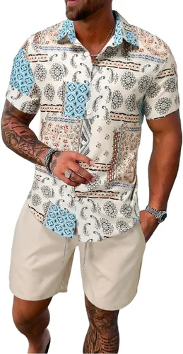 COZYEASE Conjunto de 2 piezas de camisa y pantalones cortos de manga corta con botones y estampado floral para hombre