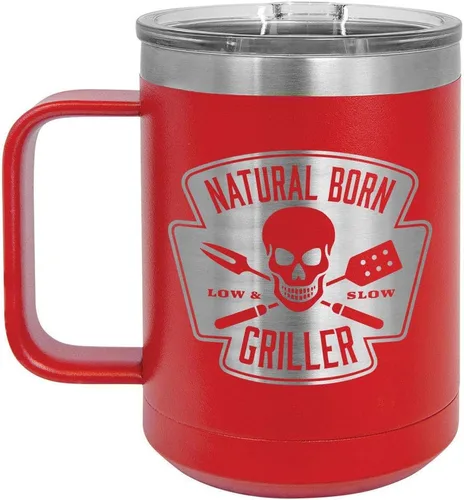 Natural Born Griller RED 15 oz Coffee Cup w/Slide Top Lid | Insulated Travel Coffee Mug | BBQ & Grilling Gift Idea For Men Who Have Everything, Dad