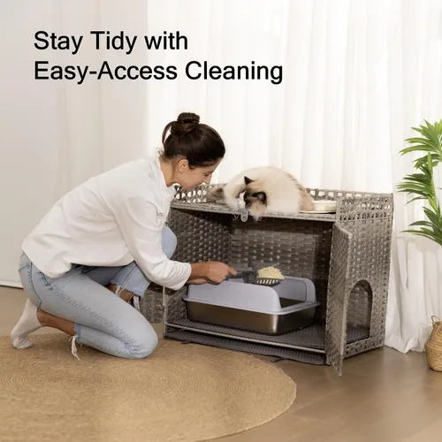 Miniatura 5 de Furriends Caja de arena para gatos con 2 alfombrillas, muebles ocultos de ratán tejido a mano, grande, 30.3 pulgadas de largo x 18.2 pulgadas