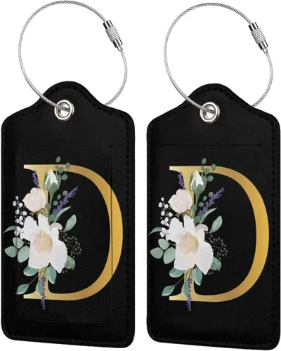 2 etiquetas de equipaje con diseño de flor Lette D para maletas, etiquetas de cuero para equipaje de viaje de crucero con lazo de acero inoxidable,