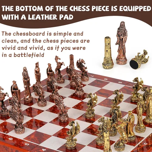 Miniatura 5 de Juego de ajedrez vintage de metal para adultos y niños, tablero de madera de 15 pulgadas con piezas de metal, juego de ajedrez de viaje, juego