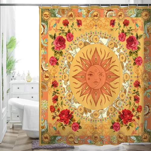 Miniatura 15 de Cortina de ducha bohemia, tela de poliéster repelente al agua con estampado floral bohemio para decoración de baño, 72 x 72 pulgadas