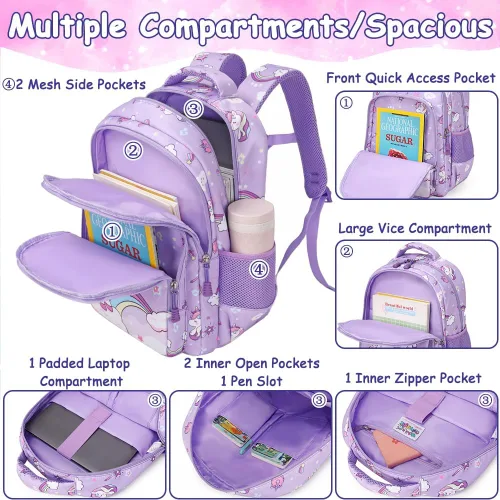 Miniatura 29 de Juego de mochila para niñas y adolescentes, mochila escolar para niños con bolsa para el almuerzo, estuche para lápices, mochilas escolares