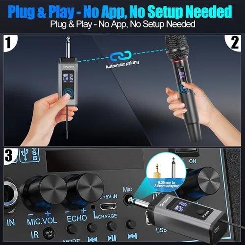 Miniatura 4 de Sistema de micrófono inalámbrico UHF dual, 2 paquetes - Micrófonos de metal con receptor recargable, audio sin interferencias de 15 canales, Plug &