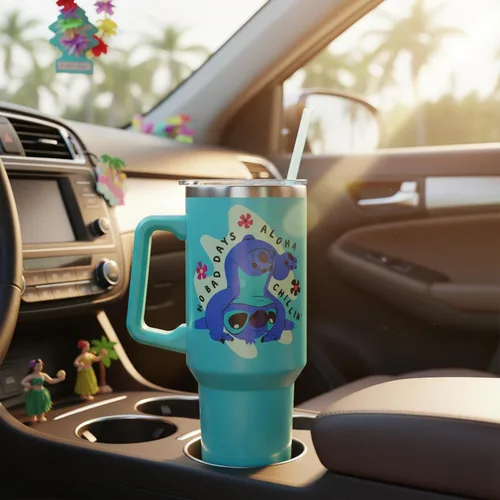 Miniatura 9 de Silver Buffalo Disney Lilo and Stitch Aloha - Vaso de acero inoxidable de doble pared con asa y pajilla, se adapta al portavasos estándar, 40 onzas
