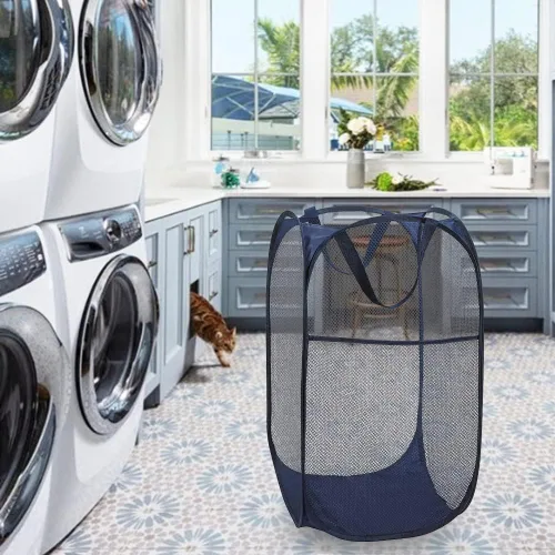 Miniatura 7 de BATTOO Cesta de lavandería emergente de malla fuerte de lujo con bolsillo lateral, plegable para cuarto de lavandería, baño, habitación de niños