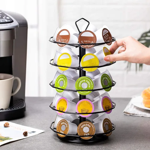 Miniatura 8 de FlagShip Soporte para cápsulas Keurig, carrusel, soporte para cápsulas de café, metal negro, 5 niveles, 35 cápsulas
