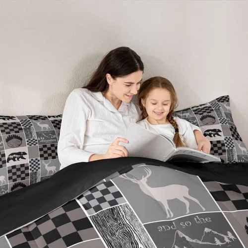 Miniatura 45 de Juego de edredón de oso y ciervo, tamaño individual, ropa de cama de animales salvajes de caza, colcha rústica de cabaña, casa de campo, cuadros