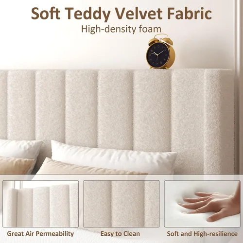 Miniatura 6 de Base de cama King con cabecero tapizado, base de cama con cabecera de terciopelo de peluche, soporte de listones de madera, diseño de borde de ala