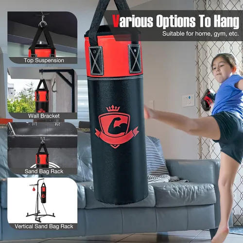 Miniatura 5 de GYMAX Saco de boxeo para niños, saco de boxeo prellenado con guantes de boxeo, envolturas de mano y bolsa de transporte, saco de boxeo pesado