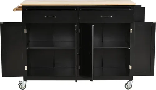 Miniatura 4 de P PURLOVE Carrito de madera para isla de cocina con ruedas de bloqueo, carrito utilitario rodante con 2 cajones y 4 puertas de gabinete, estante