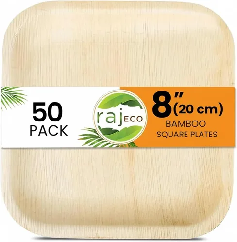 Raj Eco Platos compostables de hoja de palma como platos de bambú desechables – 8 pulgadas cuadrados 50 platos de fiesta, de madera natural,