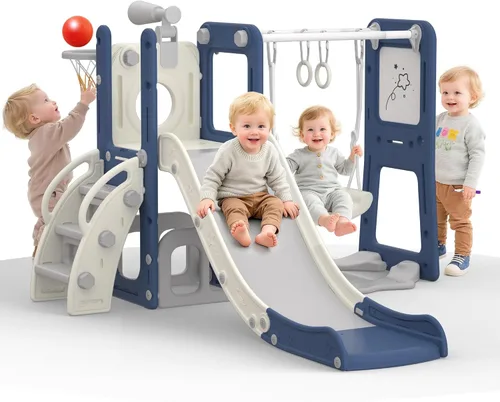 Miniatura 10 de Juego de Tobogán para Niños con Aro de Baloncesto y Telescopio, Tobogán Interior y Exterior para Niños Pequeños y Escalador para Niños y Niñas, Gris