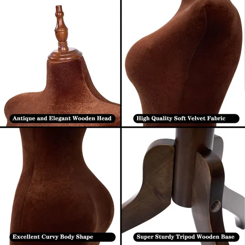 Miniatura 5 de Torso de maniquí femenino con curvas ajustables con soporte, forma de vestido pinable para ropa (marrón, terciopelo)