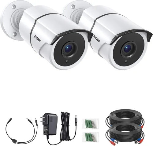 ZOSI Paquete de 2 cámaras de seguridad para el hogar 1080P con grabación de audio, micrófono integrado, cámaras de vigilancia 1920TVL de 2.0MP