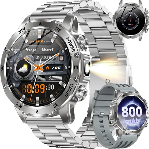 KPEP Military Watch with 2 Bands (Answer/Make Call), 123+ Sport Modes, IP68 Waterproof Running Watch with Stress/SpO2/Heart Rate Monitor for Android