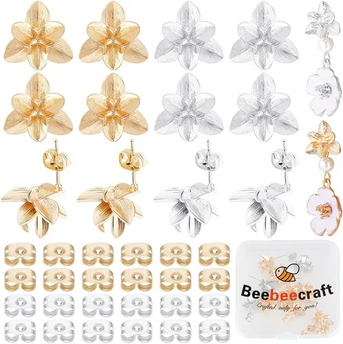 Miniatura 7 de Beebeecraft 1 caja de 14 piezas de aretes de flor chapados en oro de 18 quilates tridimensionales con lazo y parte trasera para hacer joyas Dorado