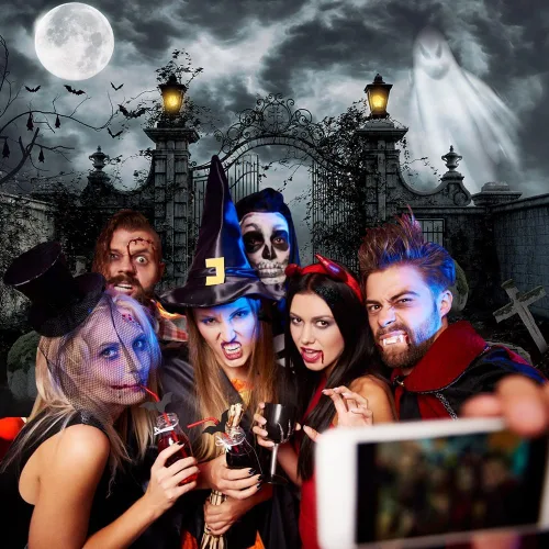 Miniatura 7 de MEHOFOND Fondo de fotografía de cementerio embrujado de Halloween de 7 x 5 pies, linterna gótica de fantasma, terror espeluznante, puerta