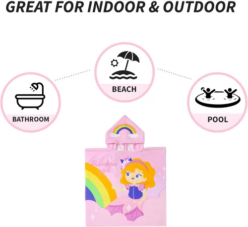 Miniatura 7 de NovForth Toalla de playa para niños y niñas, envoltorio de toalla de baño con capucha, toalla de piscina para niños pequeños con capucha Rainbow Girl