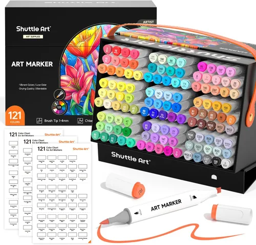 Shuttle Art Marcadores de alcohol con punta de pincel, juego de marcadores de doble punta y punta de cincel, marcadores de 121 colores con estuche