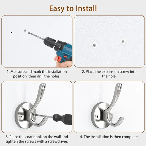 Miniatura 9 de Ganchos de pared plateados para toallas, paquete de 2 ganchos de pared de níquel cepillado, ganchos de pared resistentes para abrigos, batas