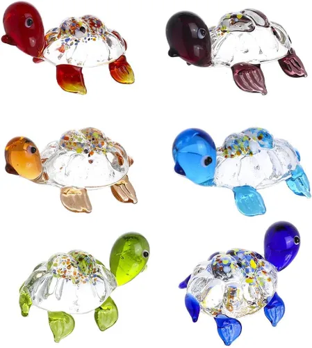 HDCRYSTALGIFTS Juego de 6, figuras de tortuga marina de vidrio soplado a mano de 1.5 pulgadas, tortuga de vidrio en miniatura, colección de animales