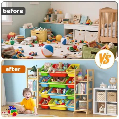 Miniatura 5 de Organizador grande de almacenamiento de juguetes para niños, organizador de juguetes y estantería combinada con 12 contenedores y 6 estantes, caja